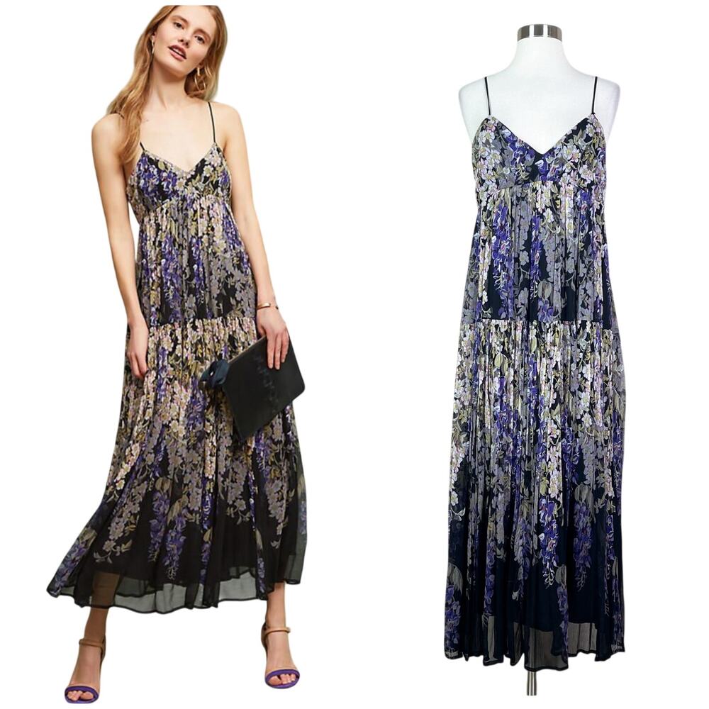 Anthropologie | Floreat Adelia Floral Black Purple Pleated Cocktail Dress 6P